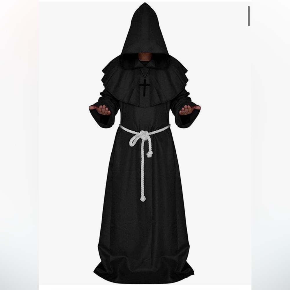 Large unisex black smock, hood, cross necklace and friar rope.